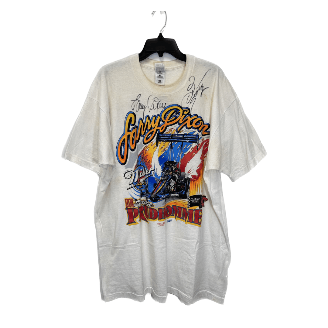 image of Vintage Signed 1996 Miller Racing: Larry Dixon/don Prudhomme Tee in White, Men's (Size 2XL)