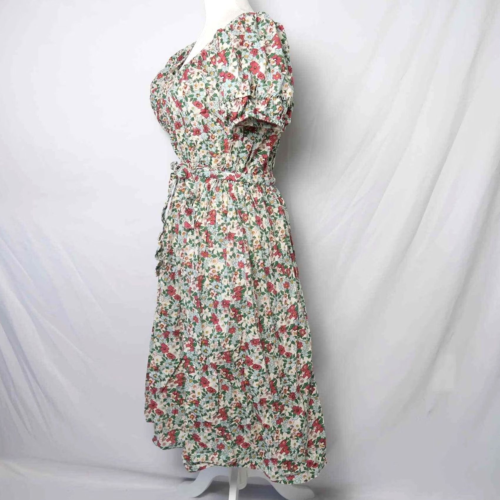 Vintage Fabrik Cream Green Pink Floral Print Cotton Midi Dress S Women's Casual Sundress Short Sleeve Size S / US 4 / IT 40 - 3 Thumbnail