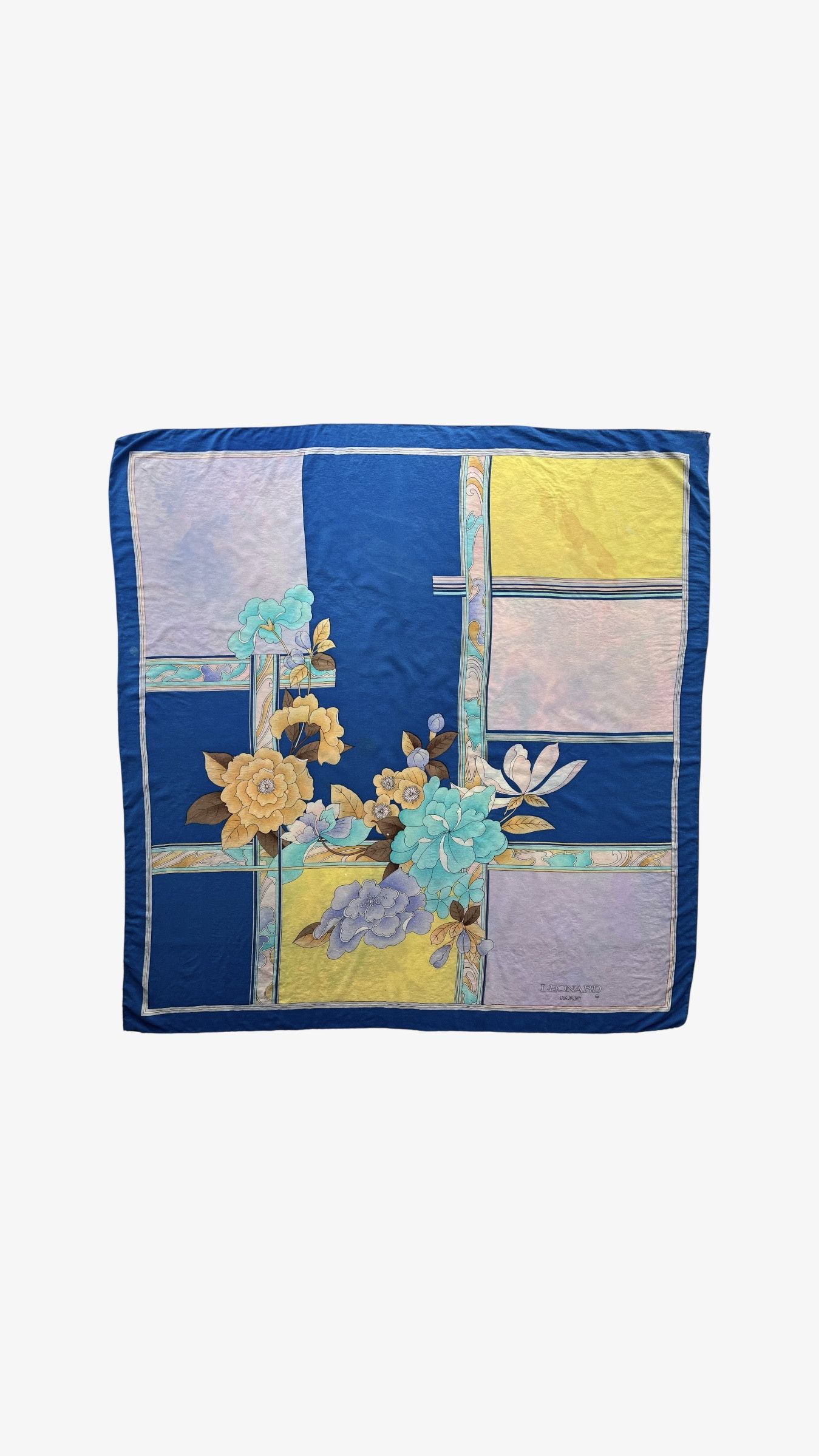 Vintage 80s Leonard Abstract Floral Print Blue Silk Scarf
