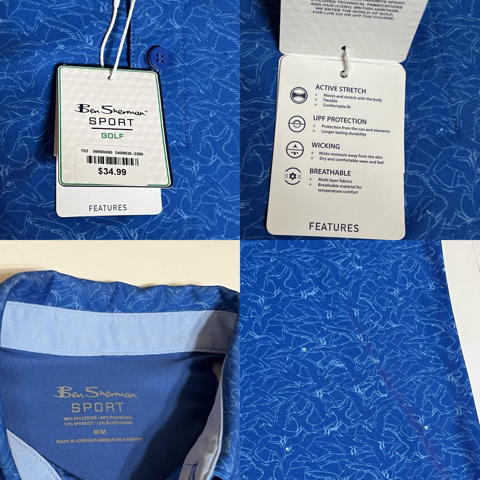 Ben Sherman Ben Sherman Sport Golf Polo Shirt Mens Medium Blue All Over Print Birds NWT Size US M / EU 48-50 / 2 - 8 Thumbnail