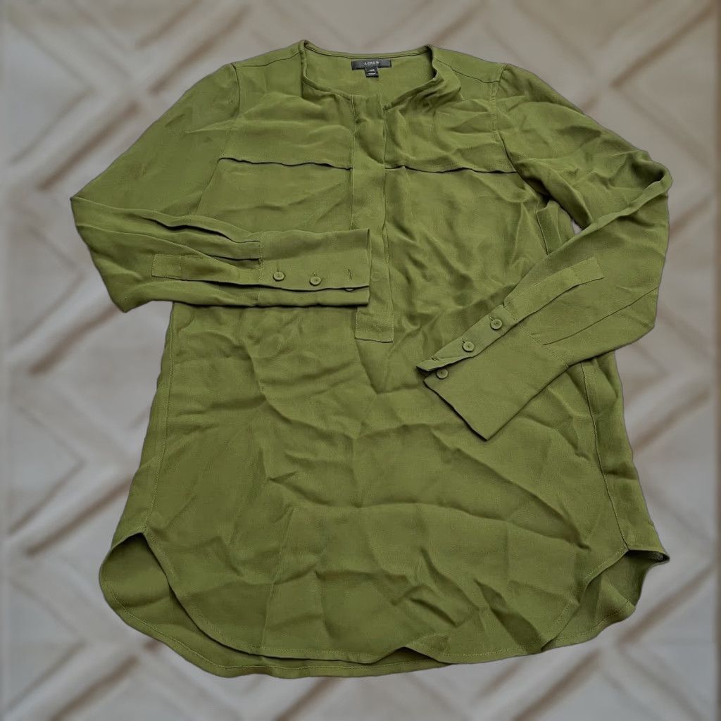 J.CREW Blouse Womens 00 Green Long Sleeve Button Up Viscose Work Casual Top Classic Designer Womens