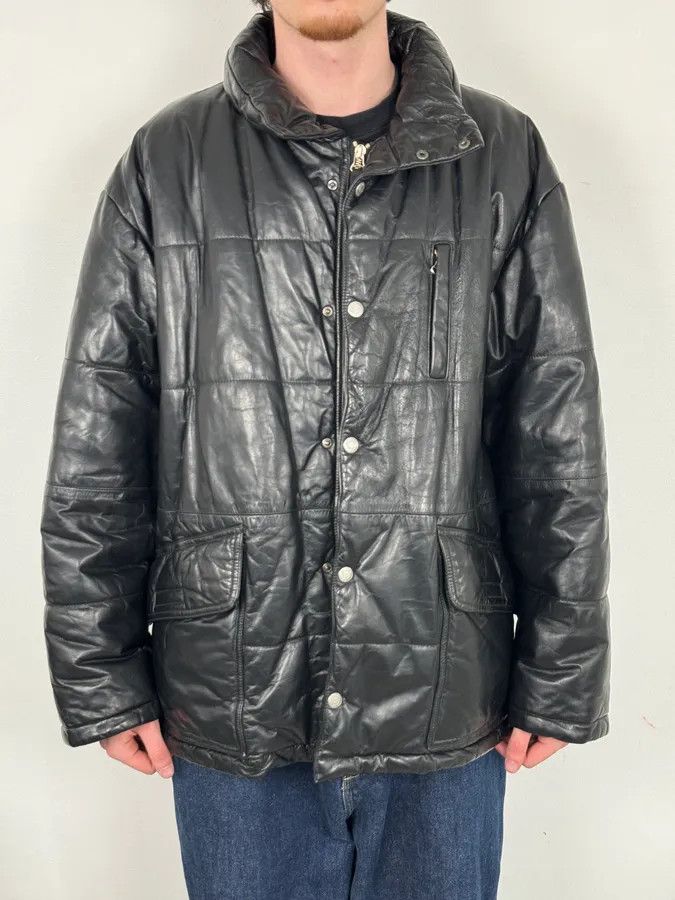 Armani 1990s Armani Black Leather Puffer Jacket Size US L / EU 52-54 / 3 - 1 Thumbnail