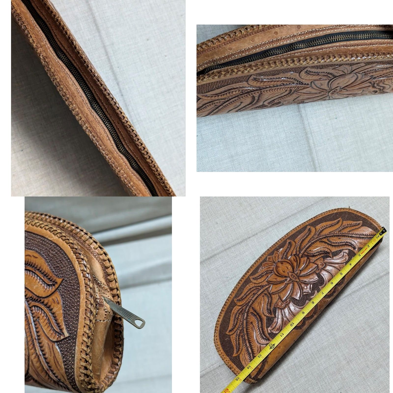 Vintage VINTAGE handcrafted leather bag Western tote 15" saddle bag Tooled brown Unisex Adults Bag 15x7 Leather Cowhide Zip Mens Womens Size ONE SIZE - 8 Thumbnail