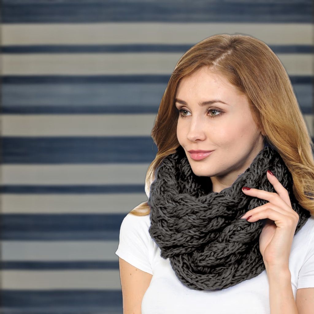 Vintage BASICO Winter Chunky Knitted Infinity Scarf Women Gray Charcoal Infinity Scarf Circle Loop Cable Warm Womens Winter Scarf Size ONE SIZE - 1 Thumbnail