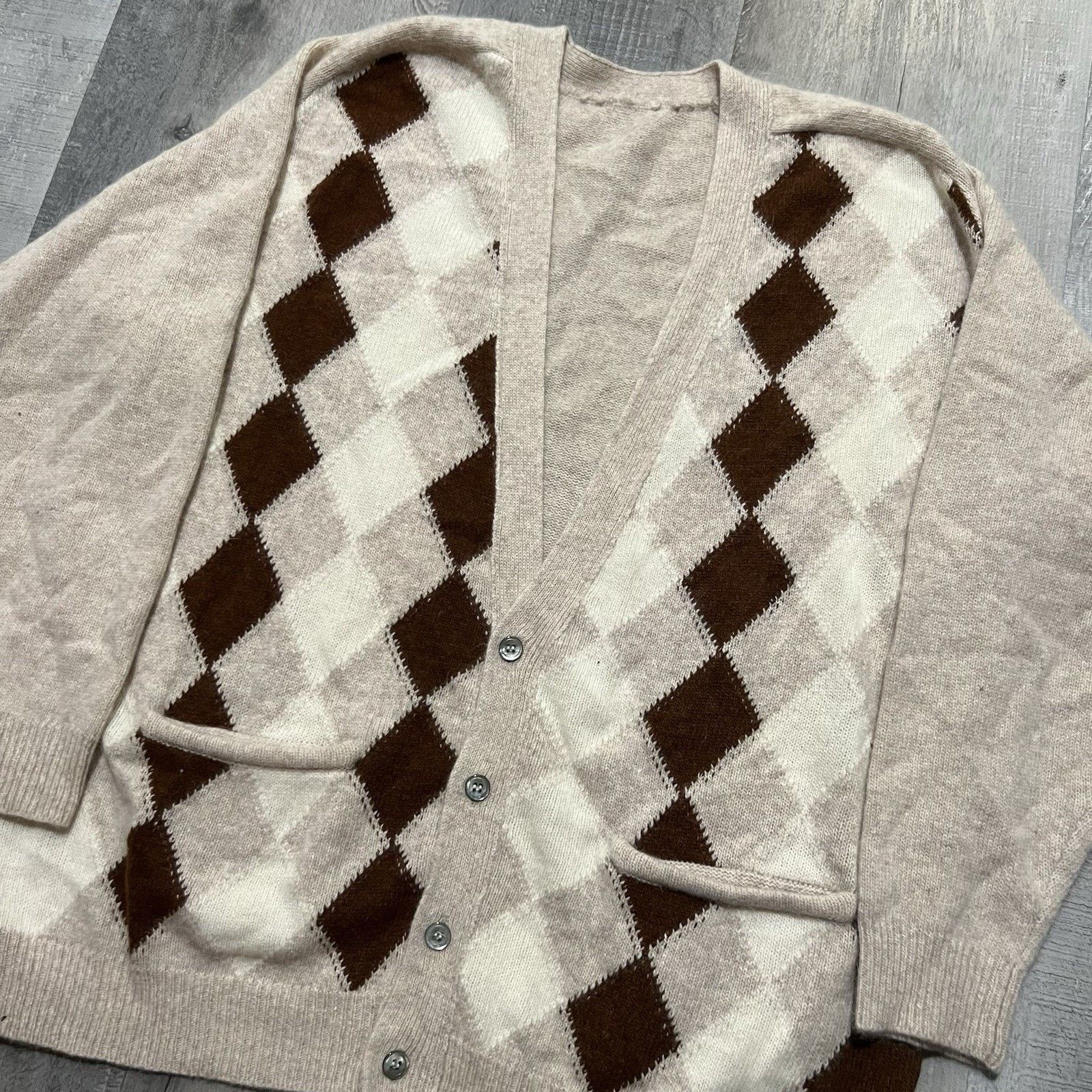 Vintage VTG Lambswool Angora Cardigan Sweater 70s/80s Men's Argyle Size US XL / EU 56 / 4 - 3 Thumbnail