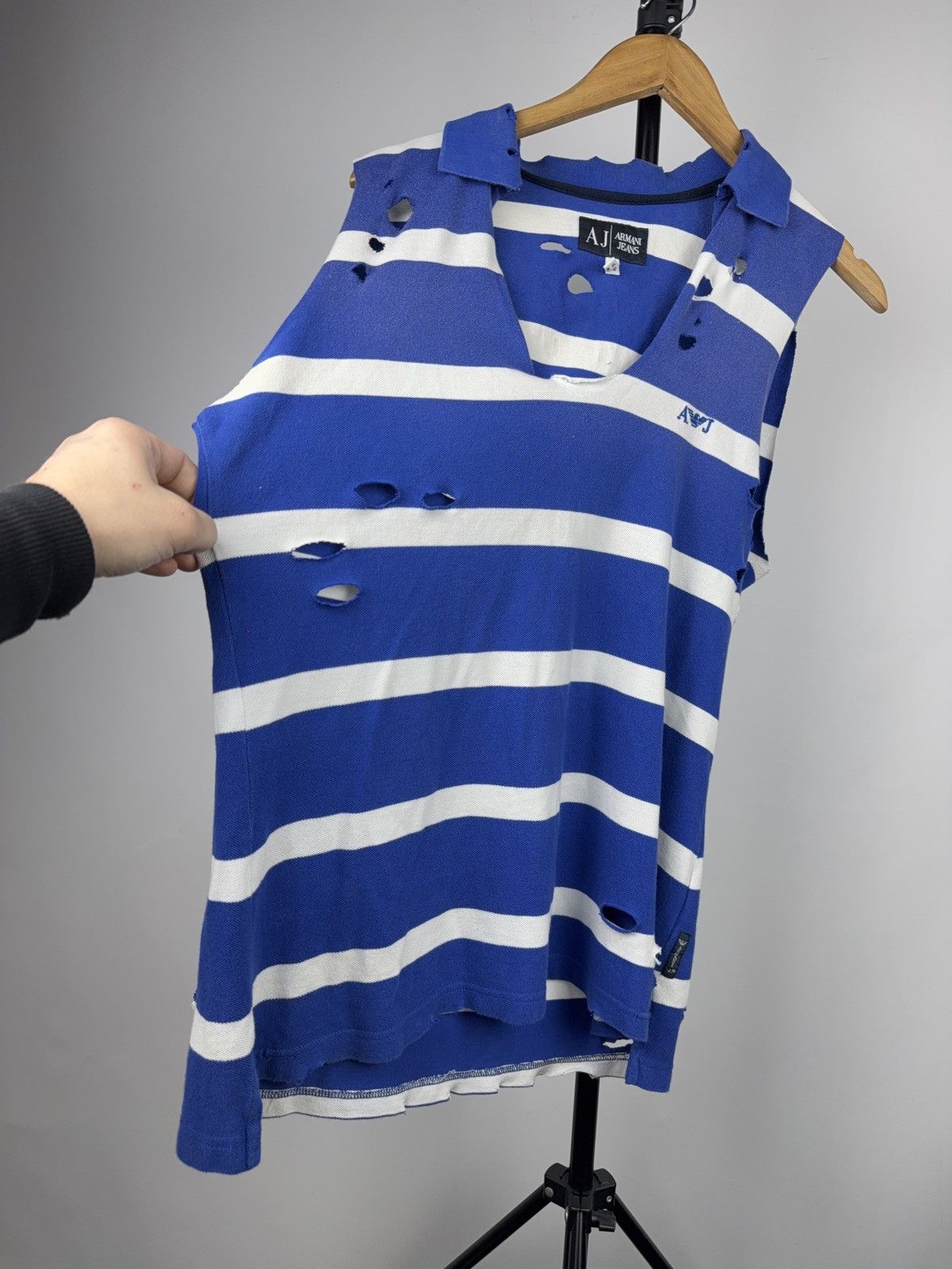 Armani Vintage 90s Armani Jeans Distressed Striped Polo Vest Y2K Size US L / EU 52-54 / 3 - 6 Thumbnail