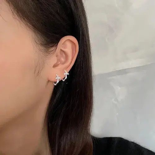 VIBE Silver Color Cross Ear Hoop Earrings Size ONE SIZE - 2 Thumbnail