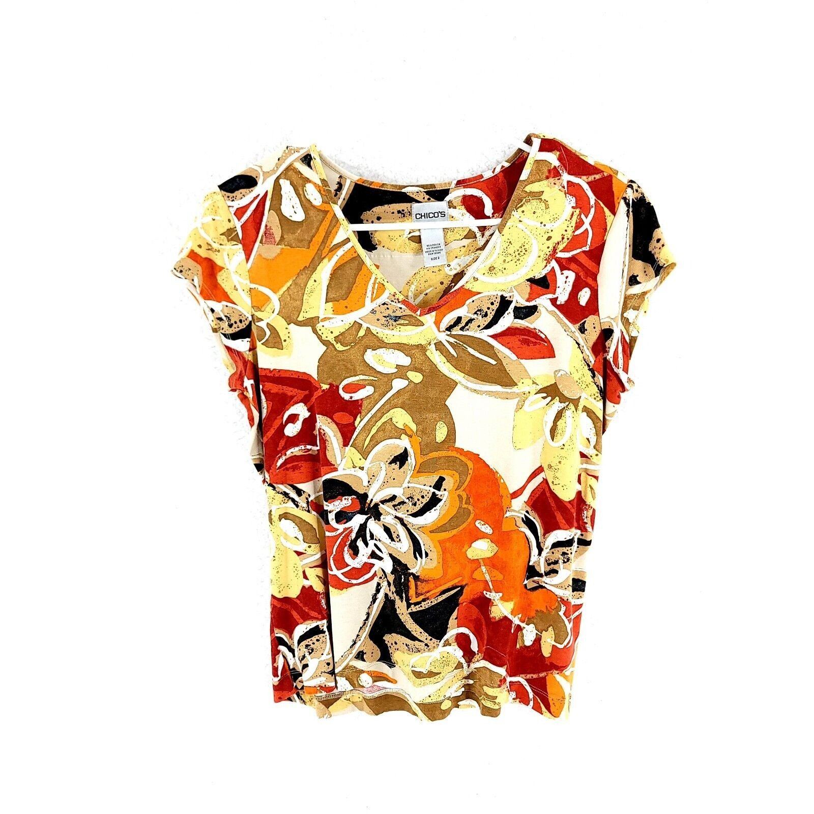 Chicos Chico's Yellow Red V-Neck Floral Blouse Top Size 2 Rayon Spa Size XS / US 0-2 / IT 36-38 - 1 Thumbnail