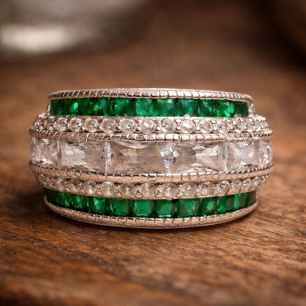 Other 925 Sterling Silver Emerald Green Clear CZ Band Ring Size 6 Size ONE SIZE - 2 Thumbnail