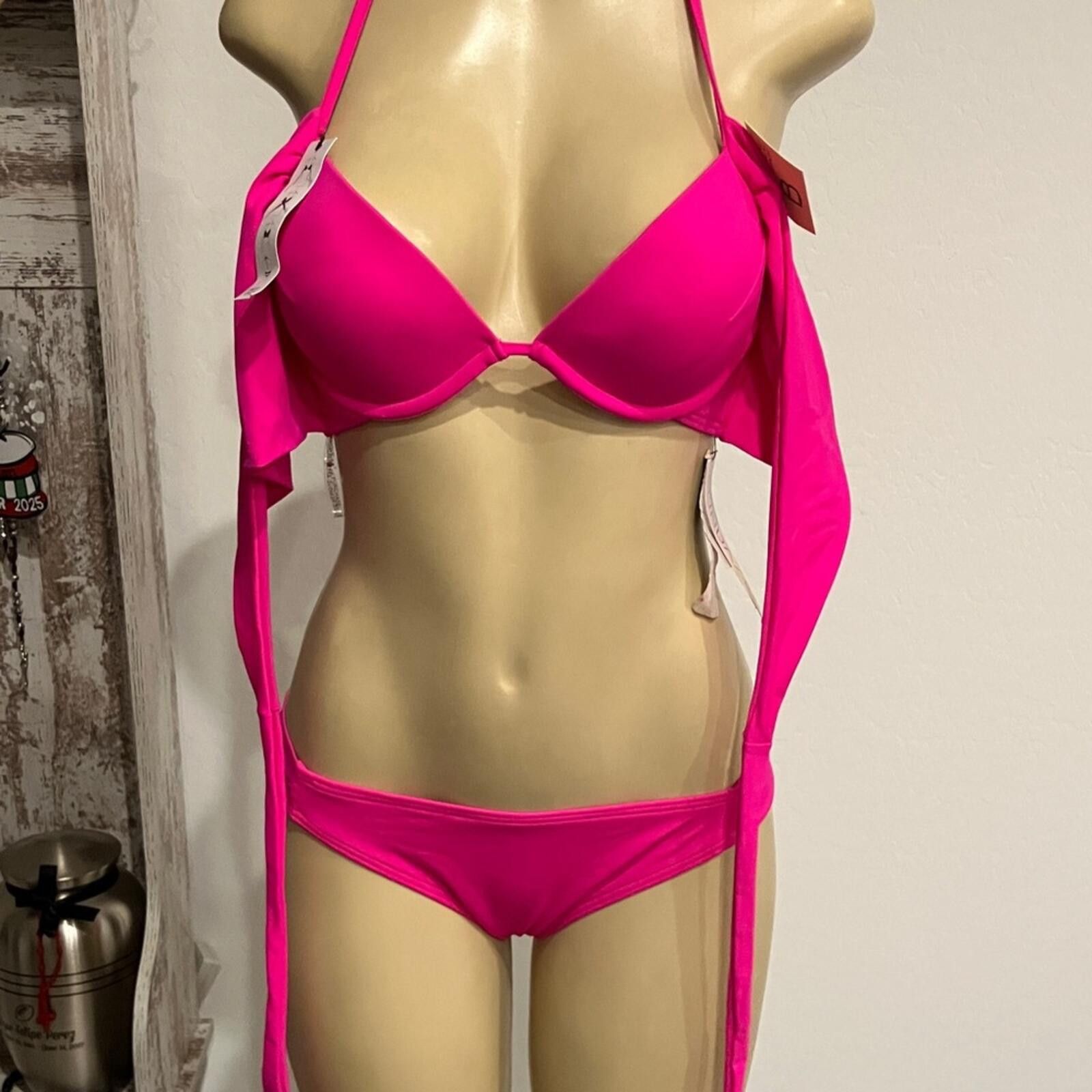 Sundae School Hot Pink Women's Bikini Set -Black Floral Two-Piece Swimwear Size ONE SIZE - 2 Thumbnail