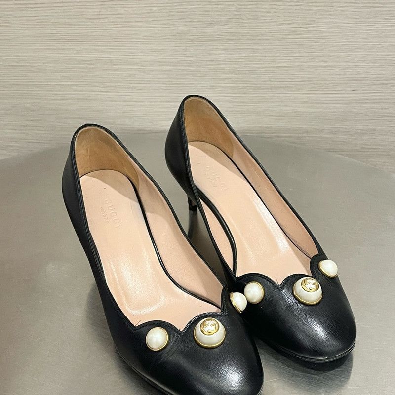 Gucci Gucci Black Leather High Heels with Pearl Accents - Size US 5 / EU 37 - 2 Thumbnail