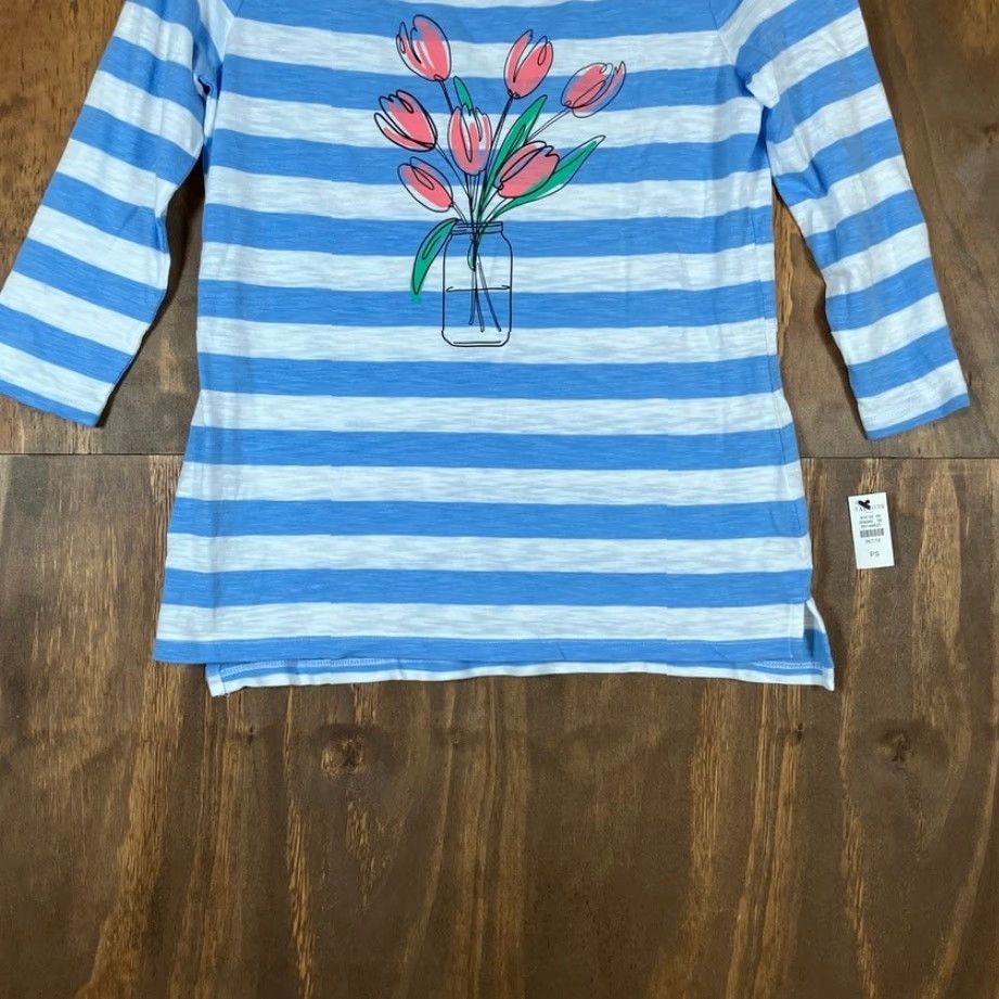 Talbots Talbots Blouse Shirt Striped Blue White 3/4 Sleeve Cotton Blend PS Petite Womens Casual Workwear Size S / US 4 / IT 40 - 3 Thumbnail