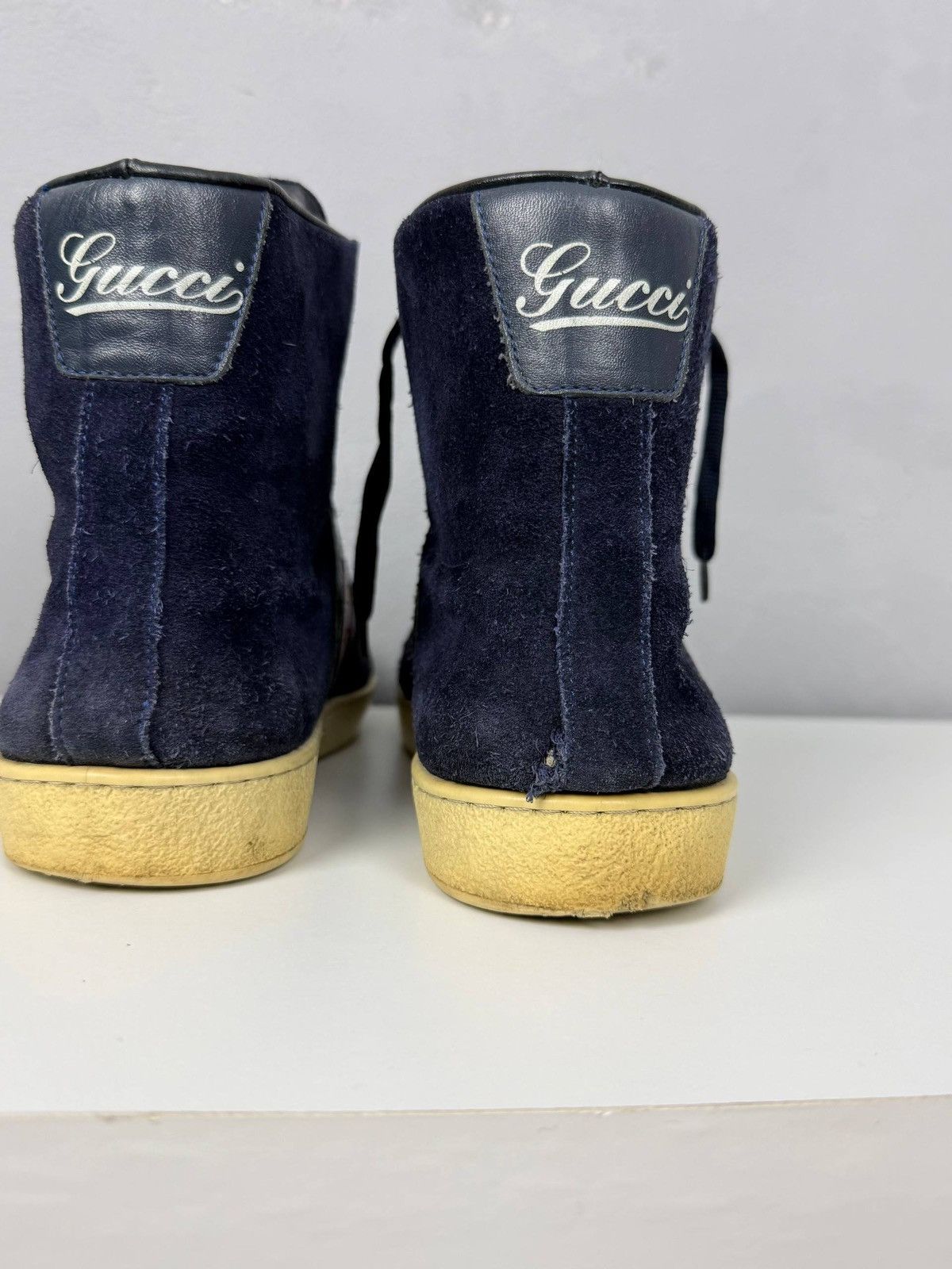 Gucci Gucci Navy Blue Suede Web High Top Sneakers Size US 8 / EU 41 - 12 Thumbnail