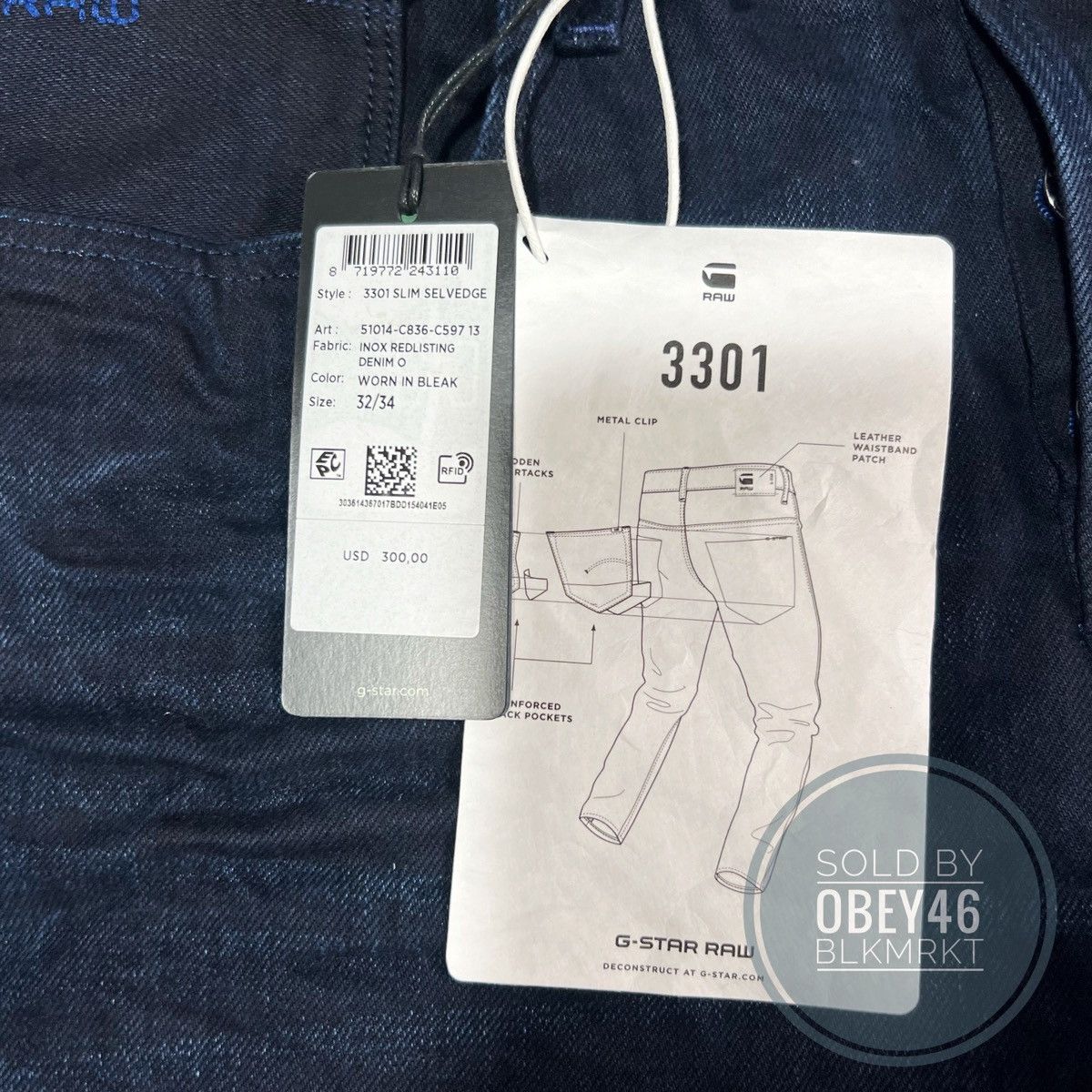 G-Star G Star Raw 3301 Slim Selvedge Worn in Bleak Jeans Size US 32 / EU 48 - 3 Thumbnail