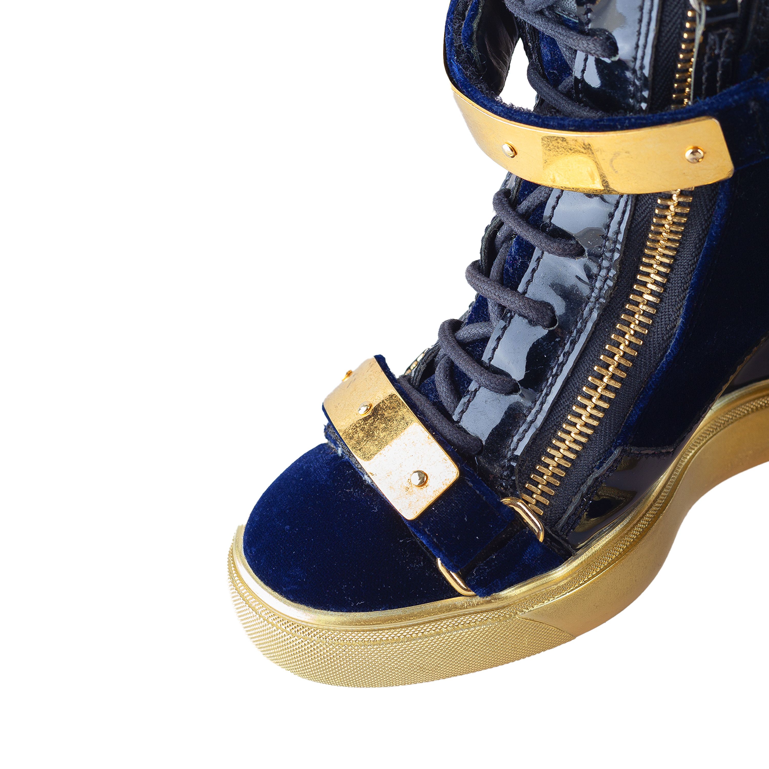 Giuseppe Zanotti Giuseppe Zanotti Navy Golden Velour Wedge Sneakers Size US 6.5 / IT 36.5 - 7 Thumbnail