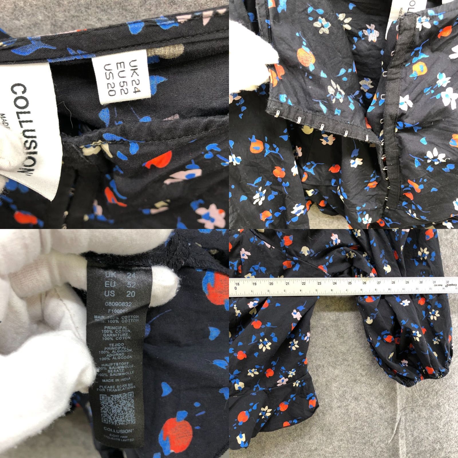 Vintage Asos Collusion Corset Square Neck Crop Top Womens 20 Puff Sleeve Blue Floral Cotton Blouse Size 3XL / US 20-22 - 8 Thumbnail