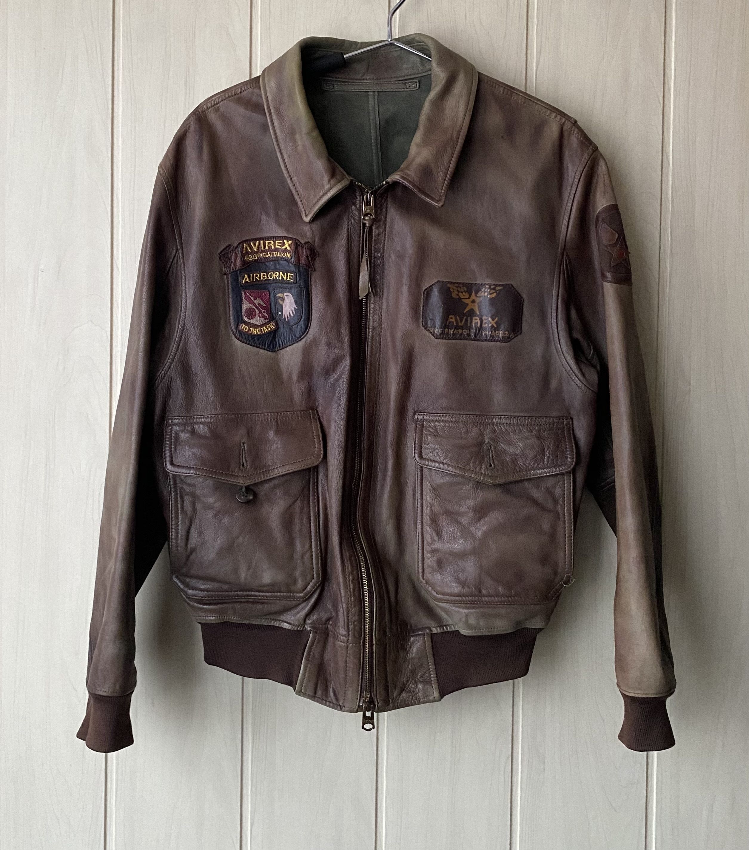 image of Avirex A-2 Garment Dyed Leather Bomber Jacket in Green/Brown, Men's (Size Medium)