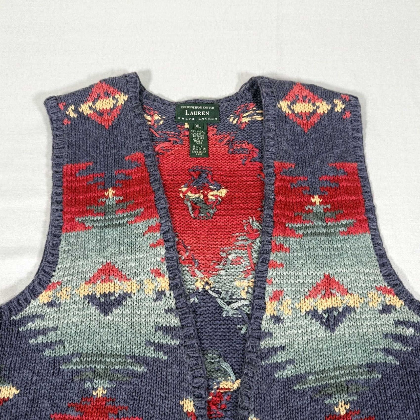 Ralph Lauren Lauren Ralph Lauren Vest Womens XL Hand Knit Aztec Geometric Linen Cotton Multicolor V-Neck Open Front with Leather Ties Buttoned Accents Size XL / US 12-14 / IT 48-50 - 2 Thumbnail