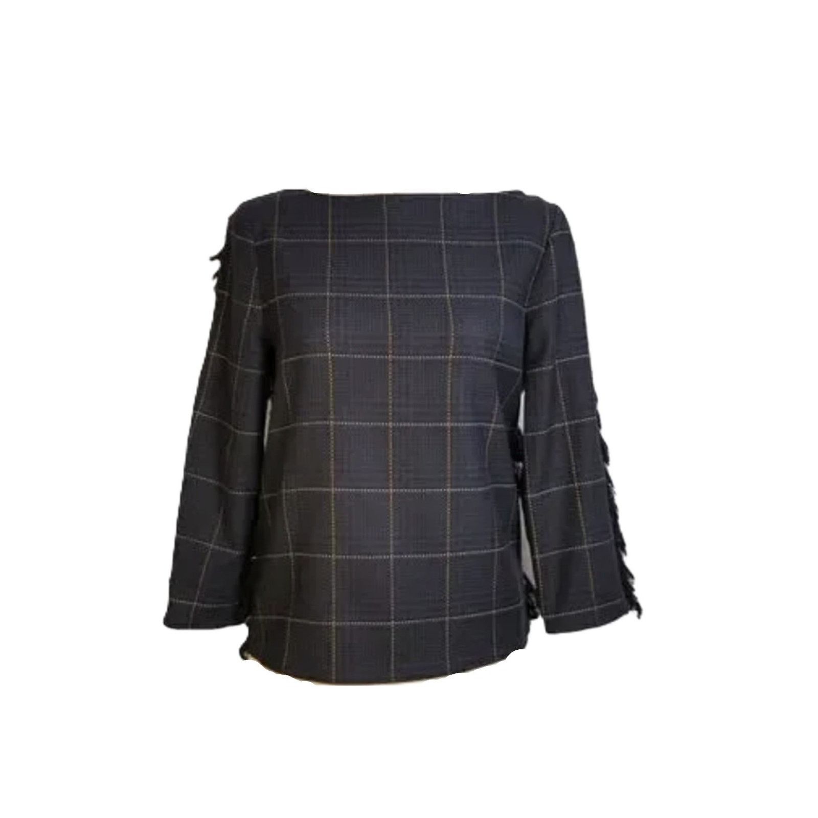 H&M H&M Plaid Fringe Boatneck Top Navy Green 3/4 Sleeve Size 4 Size S / US 4 / IT 40 - 3 Thumbnail