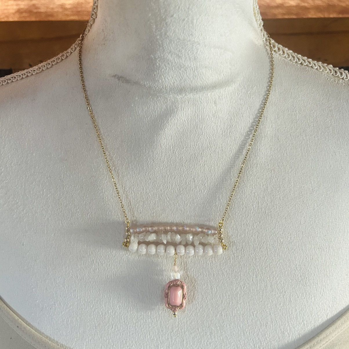 Handmade Handcrafted triple row bar stone rose quartz necklace Size ONE SIZE - 3 Thumbnail