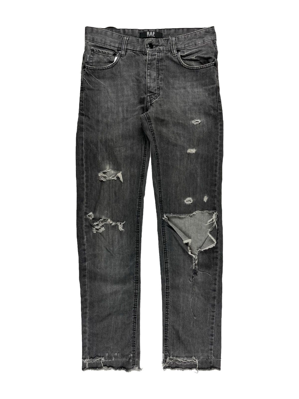 image of Raf By Raf Simons x Raf Simons Thrashed Crash Distressed Denim Jeans in Grey, Men's (Size 29)