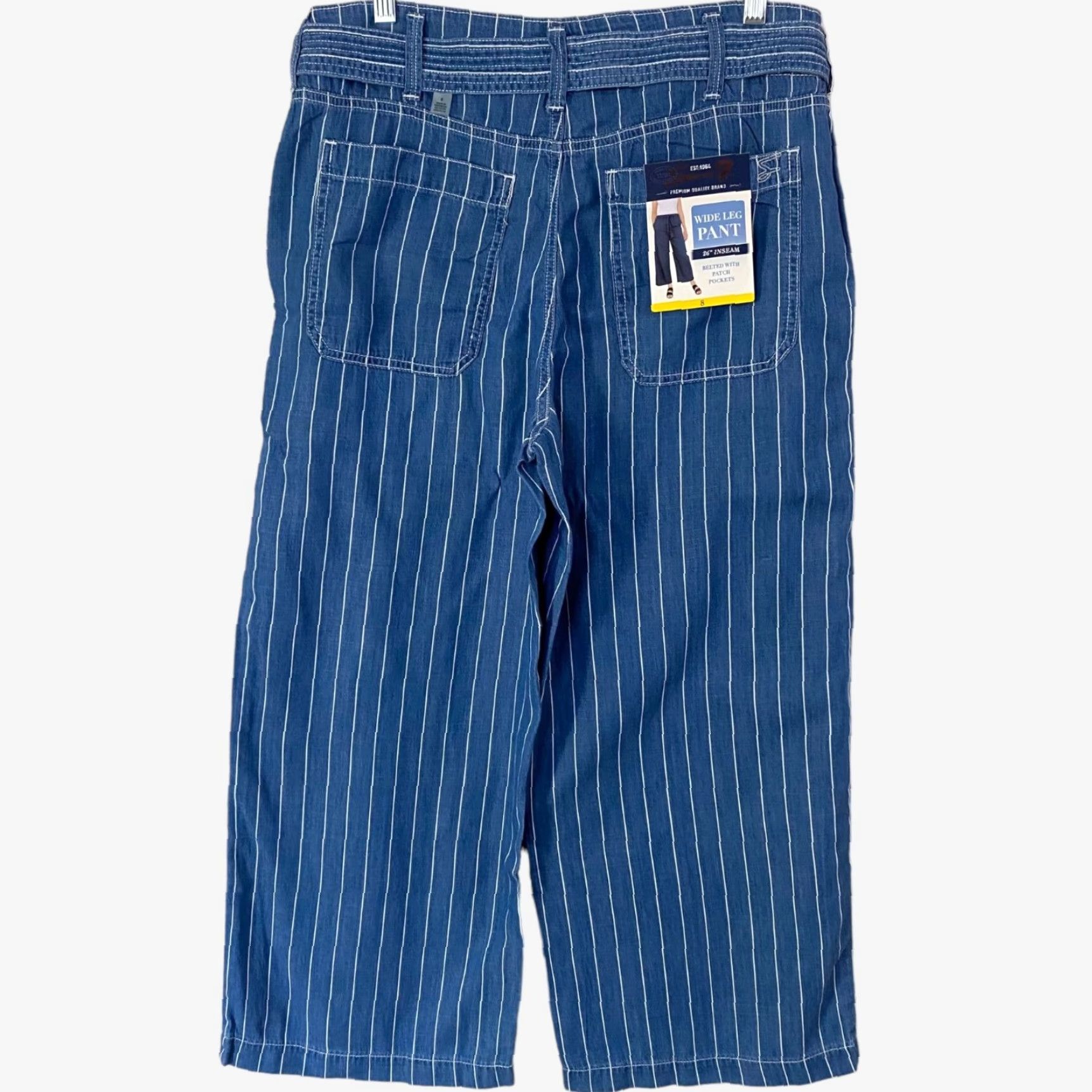 Vintage SEVEN7 Belted Wide-Leg Cropped Pants Denim Womens 8 Blue Striped Loose-Fit New Size 30" / US 8 / IT 44 - 3 Thumbnail
