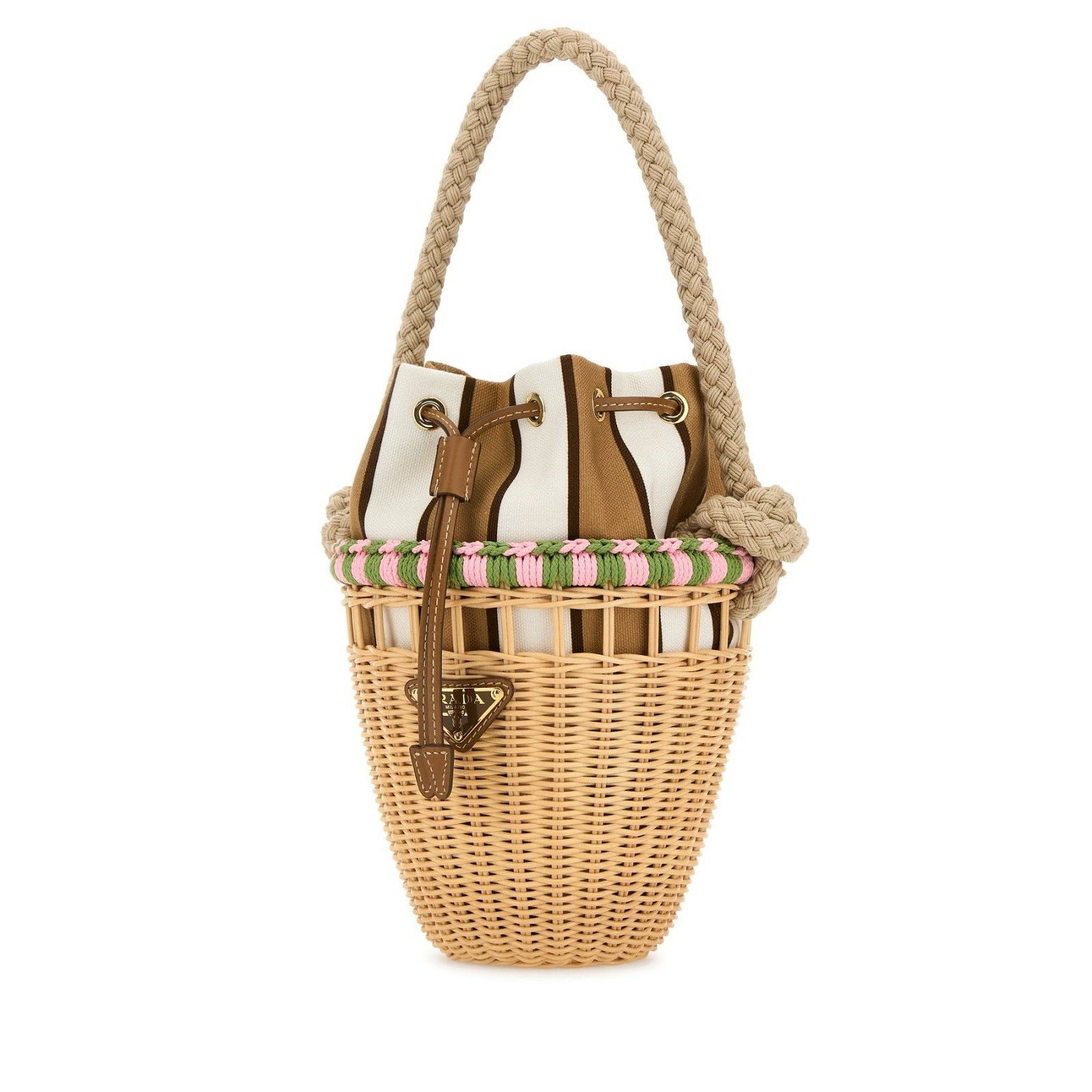 Prada PRADA Mini Basket Pink Striped Beige Brown Wicker Shopper Sh Size ONE SIZE - 2 Thumbnail