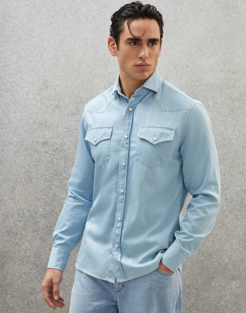 Brunello Cucinelli o1w1db10924 Denim Shirt in Open Blue Size US XL / EU 56 / 4 - 1 Preview