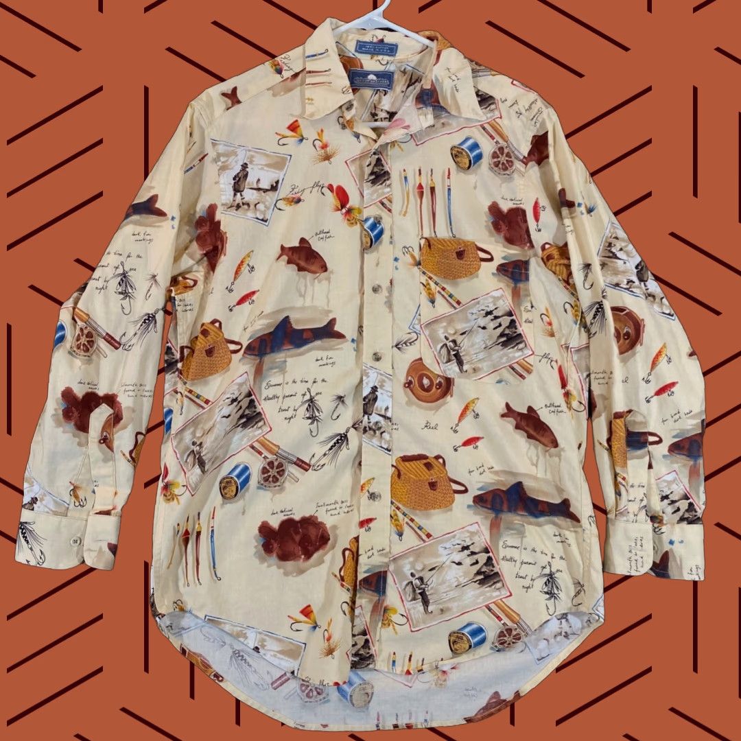 Vintage Cotton Brothers Shirt Mens Size Medium White Brown Fishing Lures Reels Fish Size US M / EU 48-50 / 2 - 1 Thumbnail