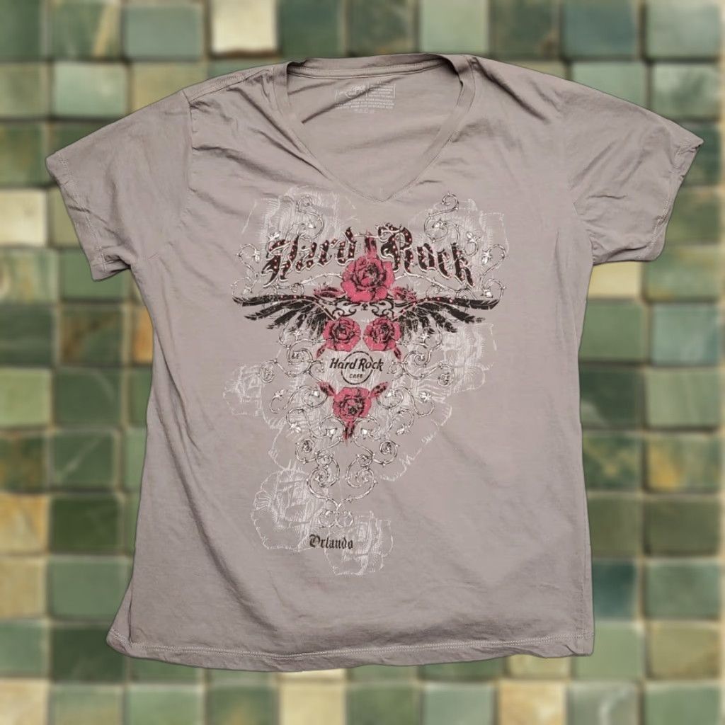 Hard Rock Cafe VINTAGE Hard Rock Cafe Orlando T-Shirt Womens XL V Neck Roses Wings Gray Y2K Size XL / US 12-14 / IT 48-50 - 1 Thumbnail