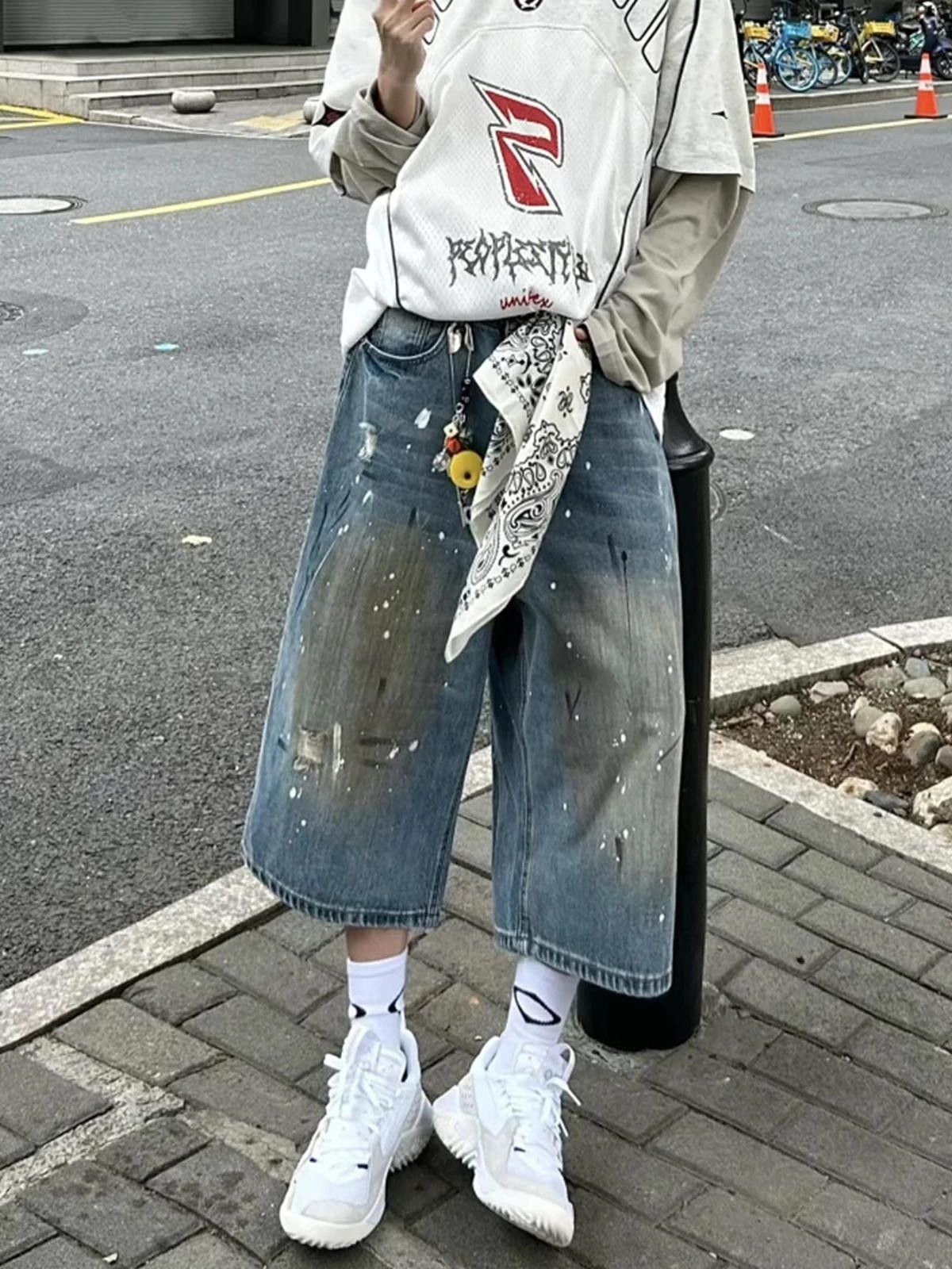 Jean Paint-Splash Stain-Dye Wide-Leg Denim Short | Ink Splatter Size US 32 / EU 48 - 4 Thumbnail