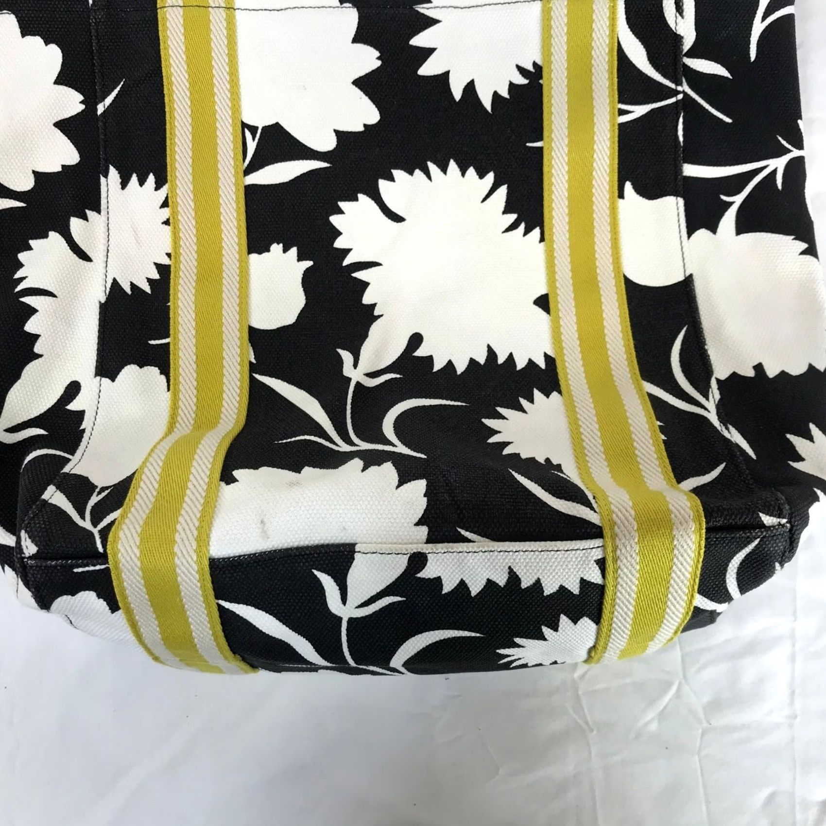 Vintage Bag Black White Floral Canvas Tote Yellow Stripe Shoulder Handles Ao907 Size ONE SIZE - 3 Thumbnail