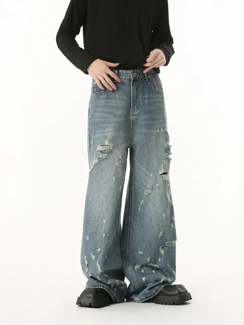 Japanese Brand Retro high street straight leg ripped jeans Size US 32 / EU 48 - 2 Thumbnail