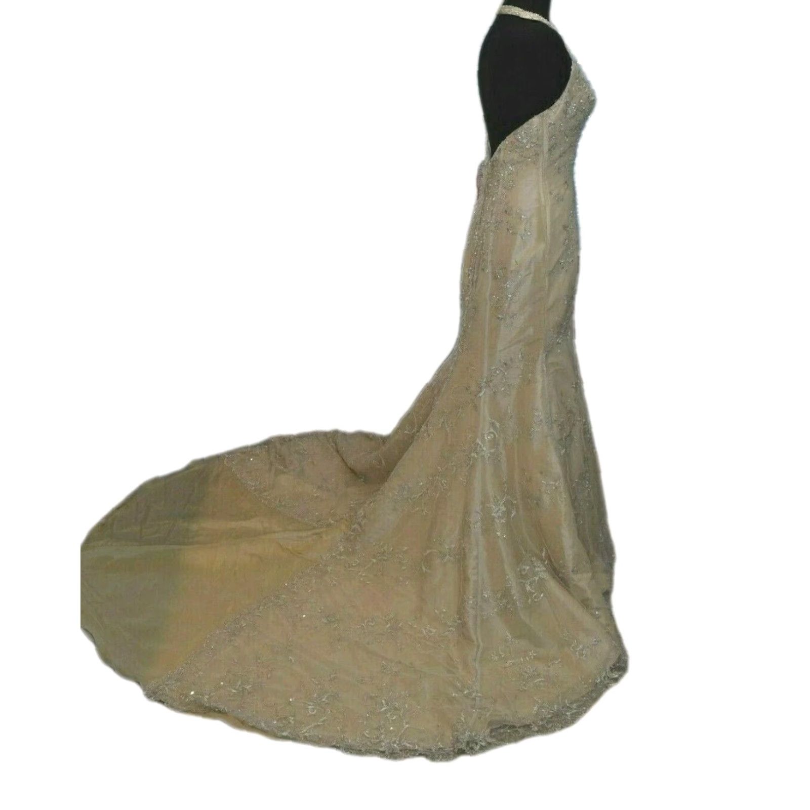 Vintage Mari Lee Wedding Dress Gown Sleeveless V Neck Size XS Sequin Lace Champagne/Cream Dress Back Zipper Duchess Ball Gown Womens Size ONE SIZE - 6 Thumbnail