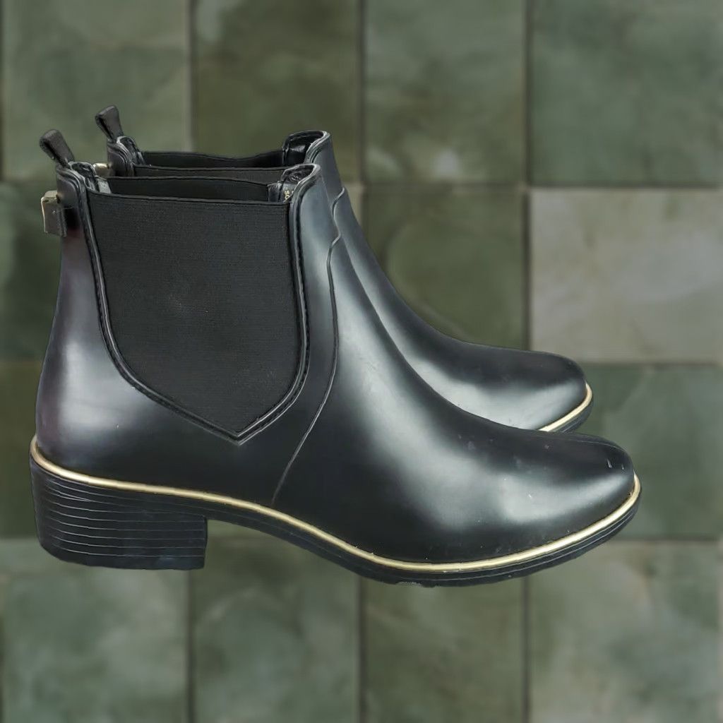Rains Kate Spade Boots Women's 9 Solstice Chelsea Rain Ankle Black PVC Rubber Leather Outsole Synthetic Fabric Upper Block Heel Pull On Style Chelsea Boots Size US 9 / IT 39 - 1 Thumbnail