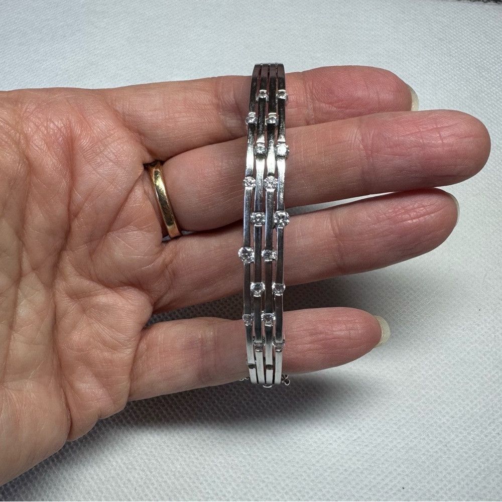 Other 925 Sterling Silver 3 Row Cubic Zirconia Bangle Bracelet Size ONE SIZE - 5 Thumbnail