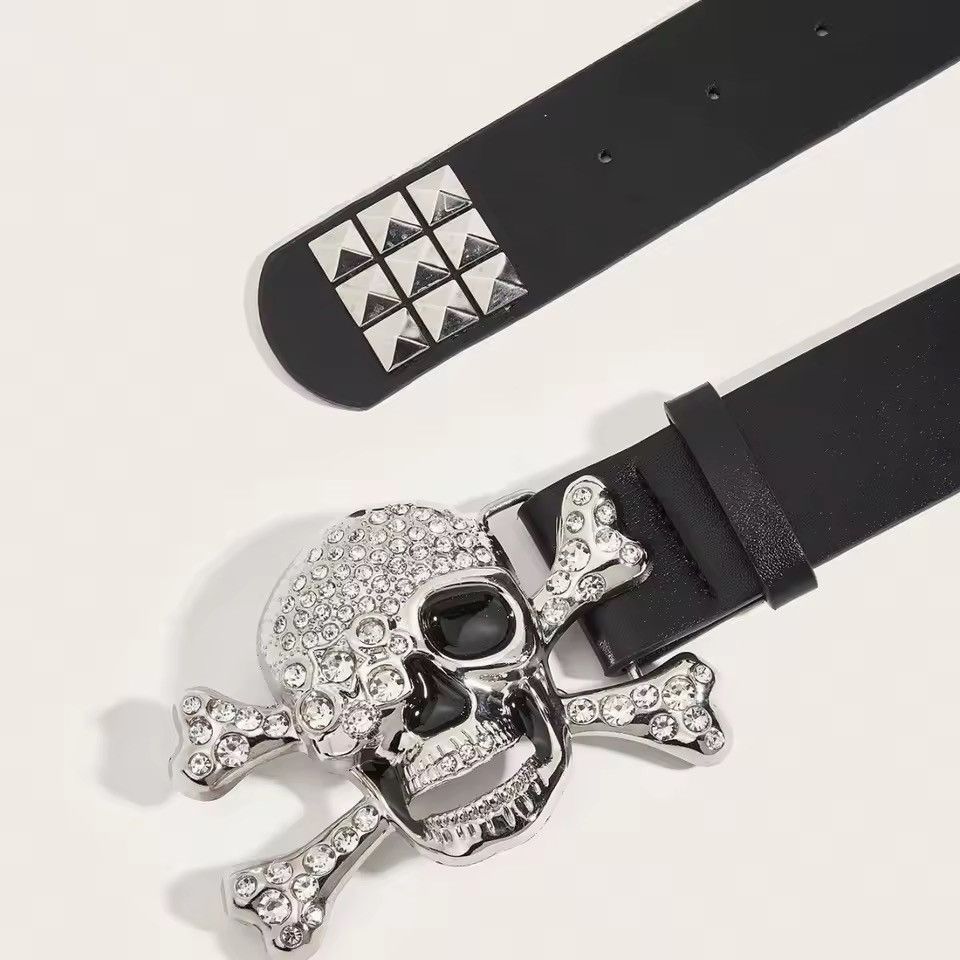 Japanese Brand 115 cm Trendy Gothic Punk Costume Rivet Skulls Buckle Belt Size 36 - 1 Thumbnail