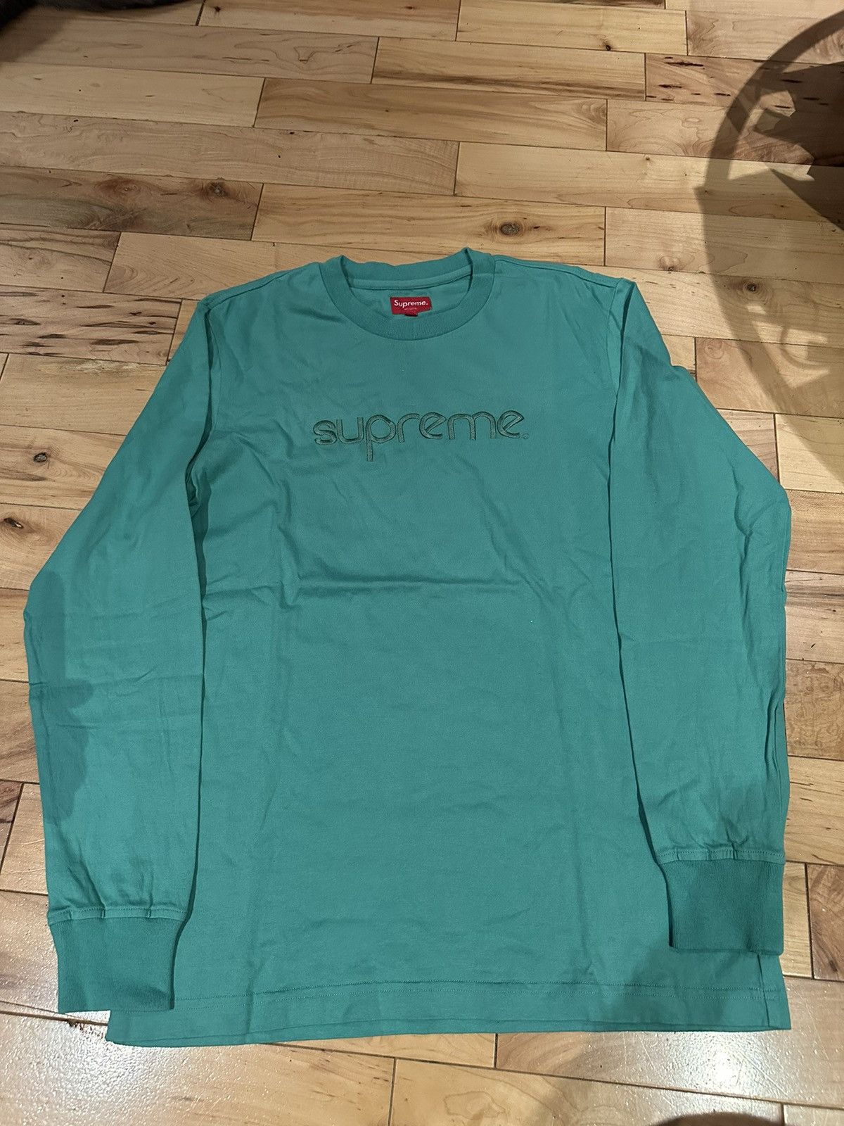 image of Supreme Teal Embroidered Logo Long Sleeve Tee Shirt in Green, Men's (Size Small)