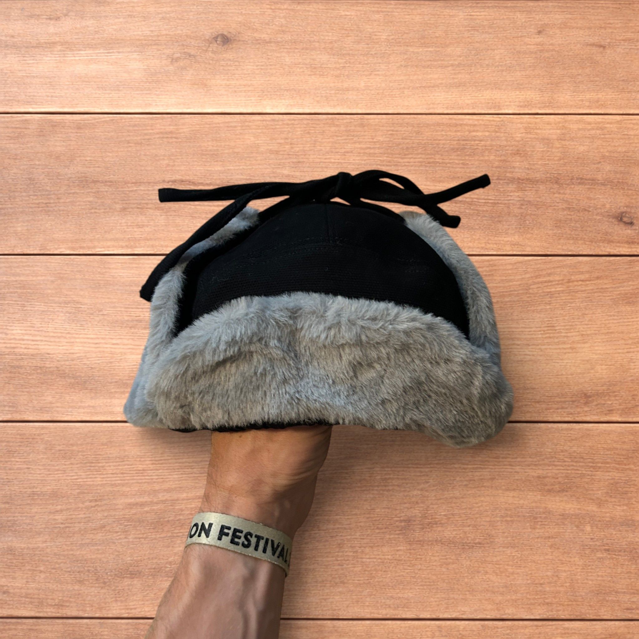 Japanese Brand Russian trapper ear flap hat in black/grey colour way. Size ONE SIZE - 2 Thumbnail