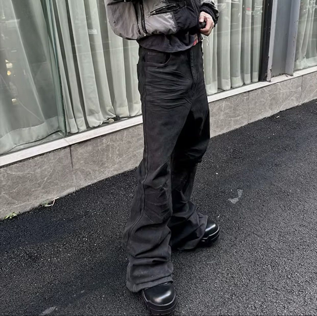 Denime × Japanese Brand Streetwear Black Glue Coated Boot Cut Size US 33 - 3 Thumbnail