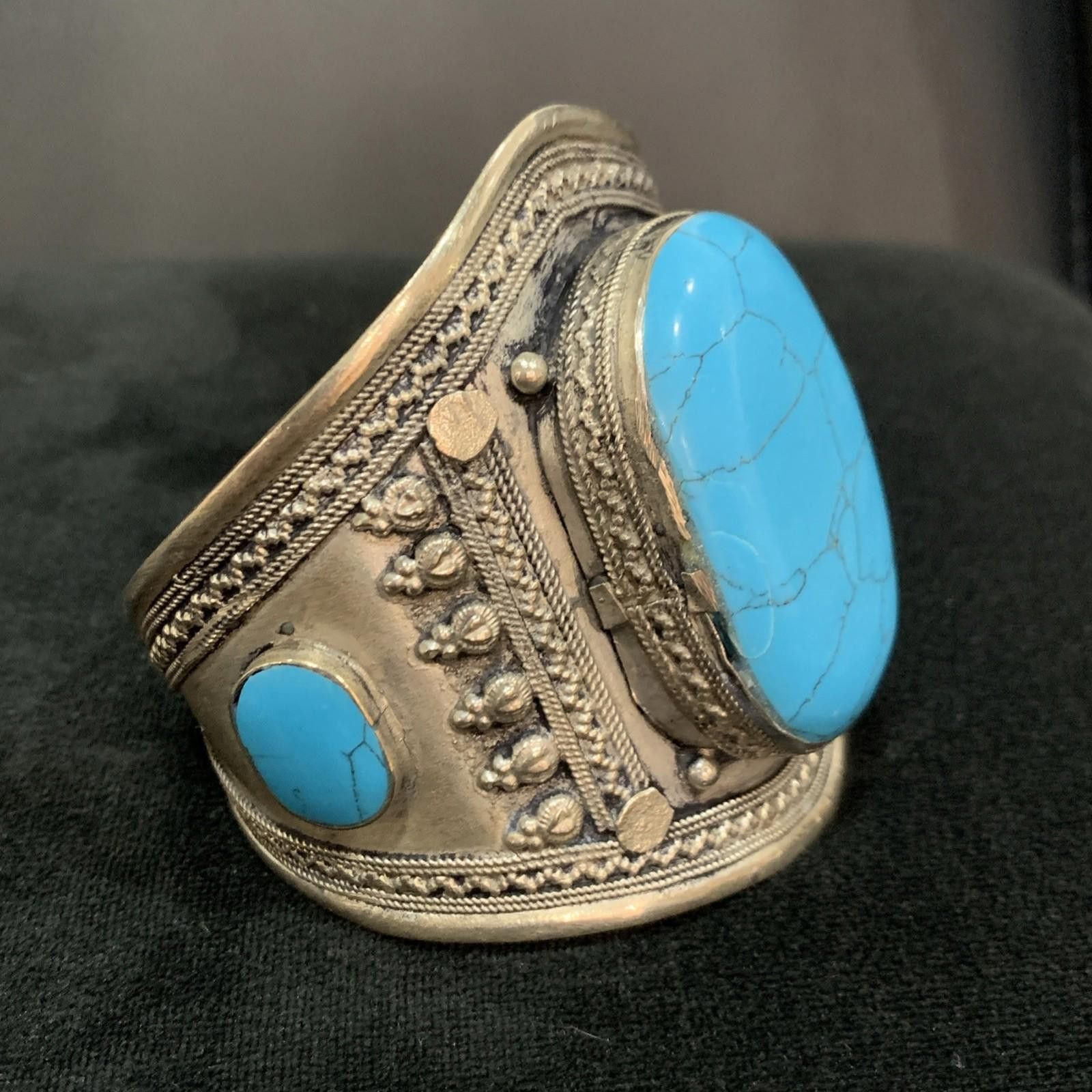Other Vintage Afghani Silver Handmade Adjustable Bangle Turquoise Size ONE SIZE - 5 Thumbnail