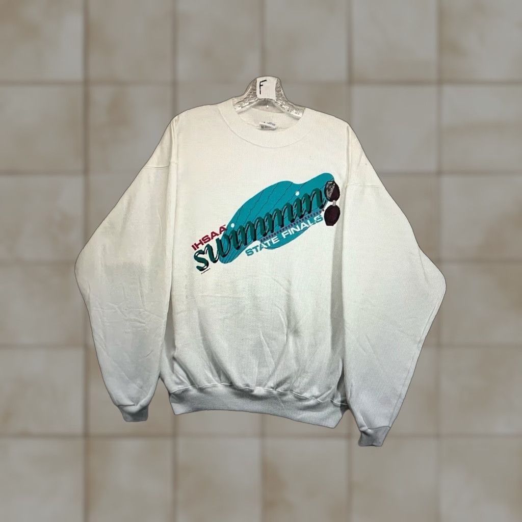 Hanes VINTAGE 90s IHSAA Swimming State Finals Crewneck Sweatshirt Mens XL White Hanes Logo Graphic Print Retro Sports Size US XL / EU 56 / 4 - 1 Thumbnail