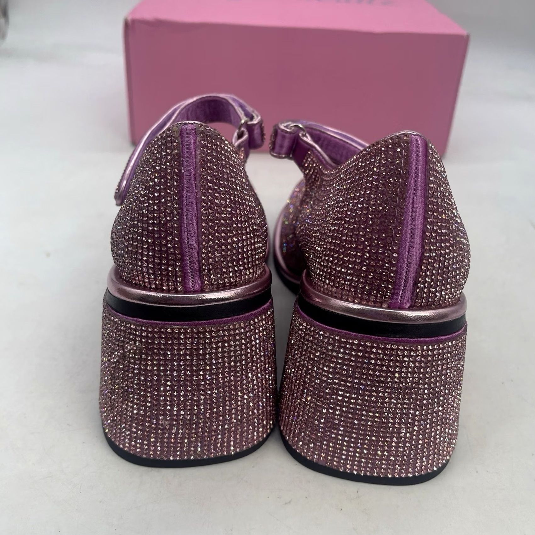 Vintage Sugar Thrillz Platform Heels Womens 8M Pink Glitter Rhinestone Block Heel 4in Buckle New w Box Size US 8 / IT 38 - 5 Thumbnail