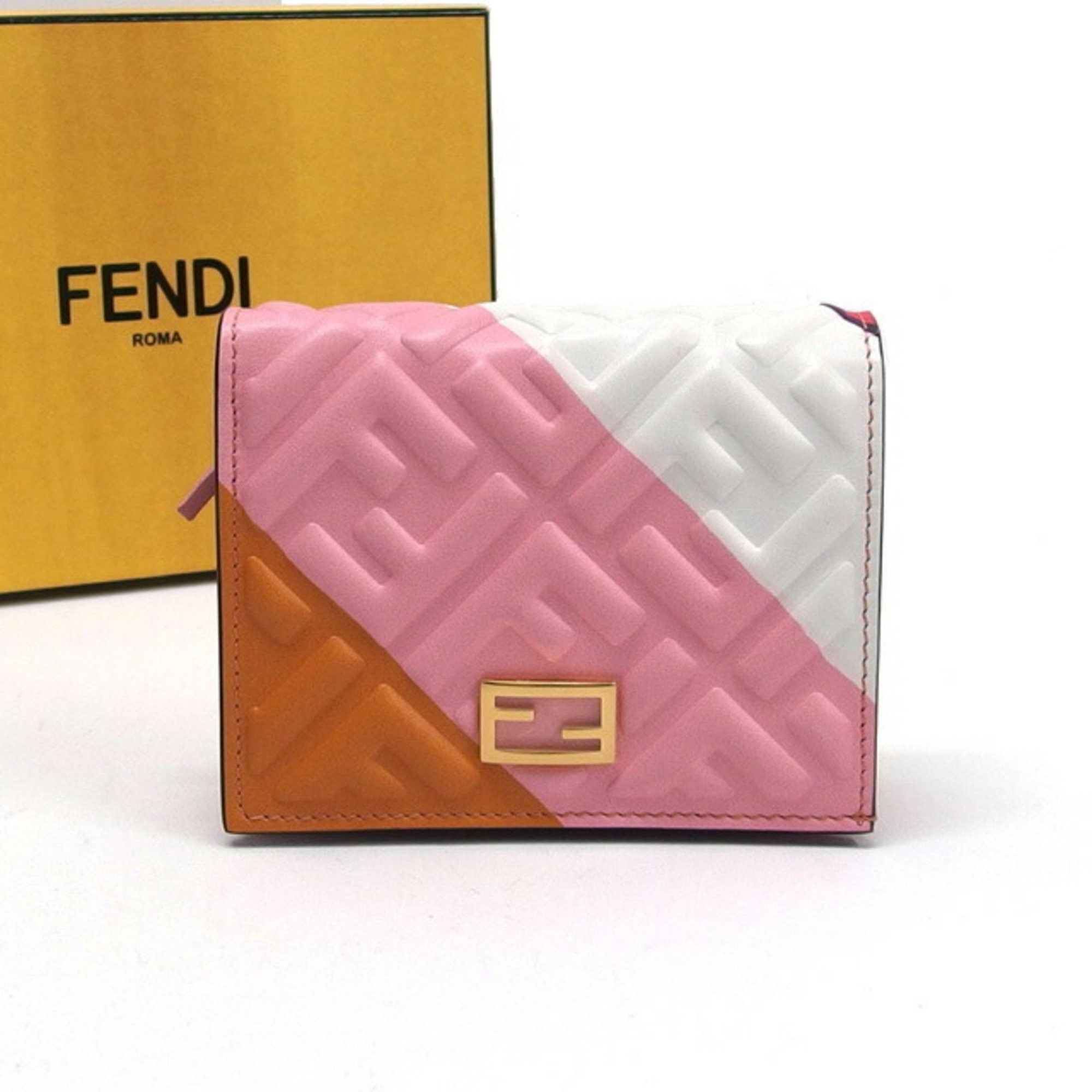 image of Fendi Bi-Fold Compact Wallet Micro Pink X Multicolor in Camel, Women's