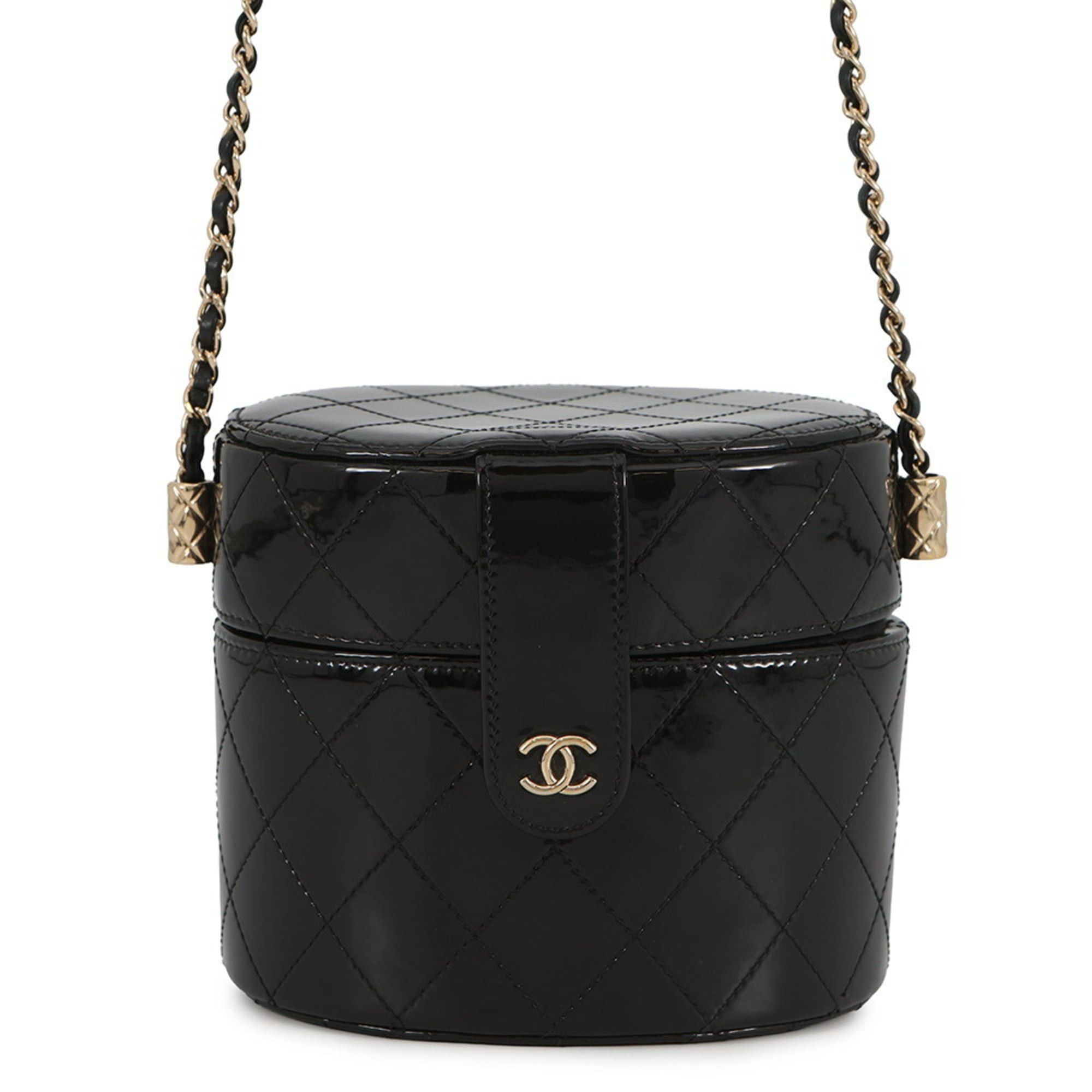 Chanel Chain Shoulder Bag Coco Mark Matelasse Vanity Patent Enamel AP1616 Black