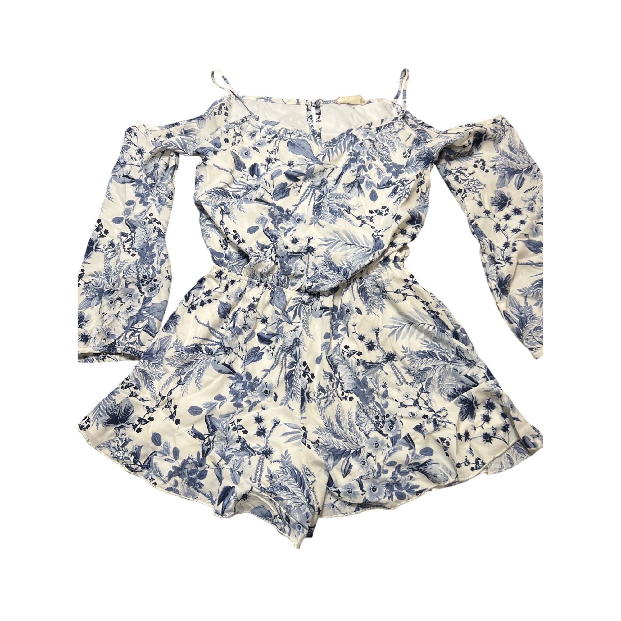 Other Altar'd State Romper Cold Shoulder Ruffle Leg Hem Blue White Size 26" / US 2 / IT 38 - 1 Thumbnail