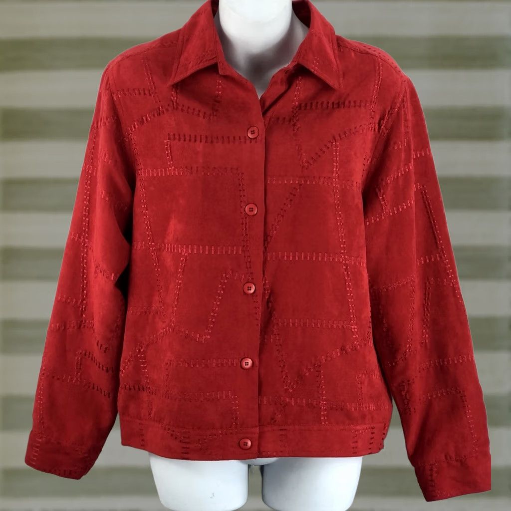 Vintage Christopher & Banks Red Jacket M Patchwork Stitching Buttonup Longsleeve Faux Suede Glam Punk Women Size M / US 6-8 / IT 42-44 - 1 Thumbnail