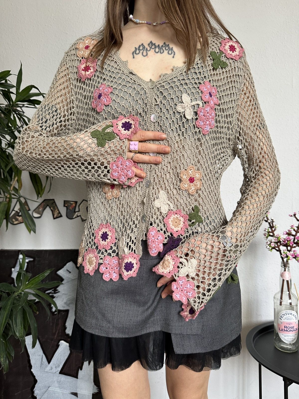 Japanese Brand × Seditionaries × Vintage Floral Knit Crochet Net Cardigan Flower Hippie Pattern Size XL / US 12-14 / IT 48-50 - 1 Thumbnail