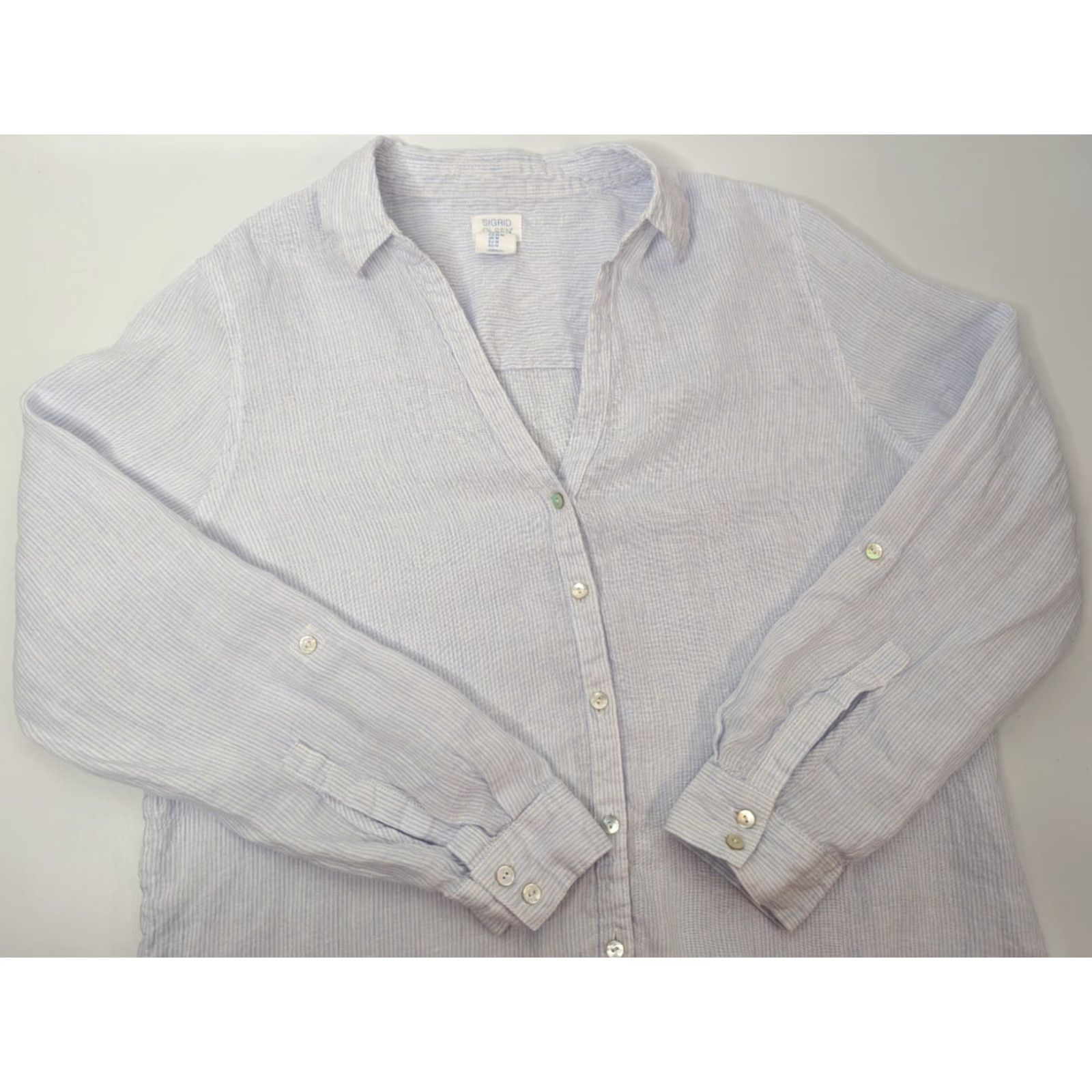 Vintage VINTAGE Sigrid Olsen 100% Linen Long Sleeve Coastal Strripe Button Up V-Neck Top Medium Size M / US 6-8 / IT 42-44 - 2 Thumbnail