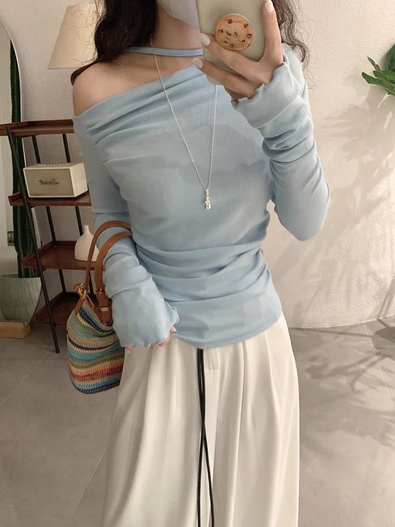 Other Shoulder Collar Solid Long Sleeves Inner Bottoming T-shirt Size ONE SIZE - 1 Thumbnail